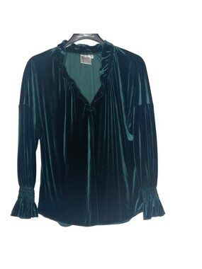 Finley Velvet Ruffle Cinched Sleeve Top Sz XS Jewel Tone Emerald Elegant Party